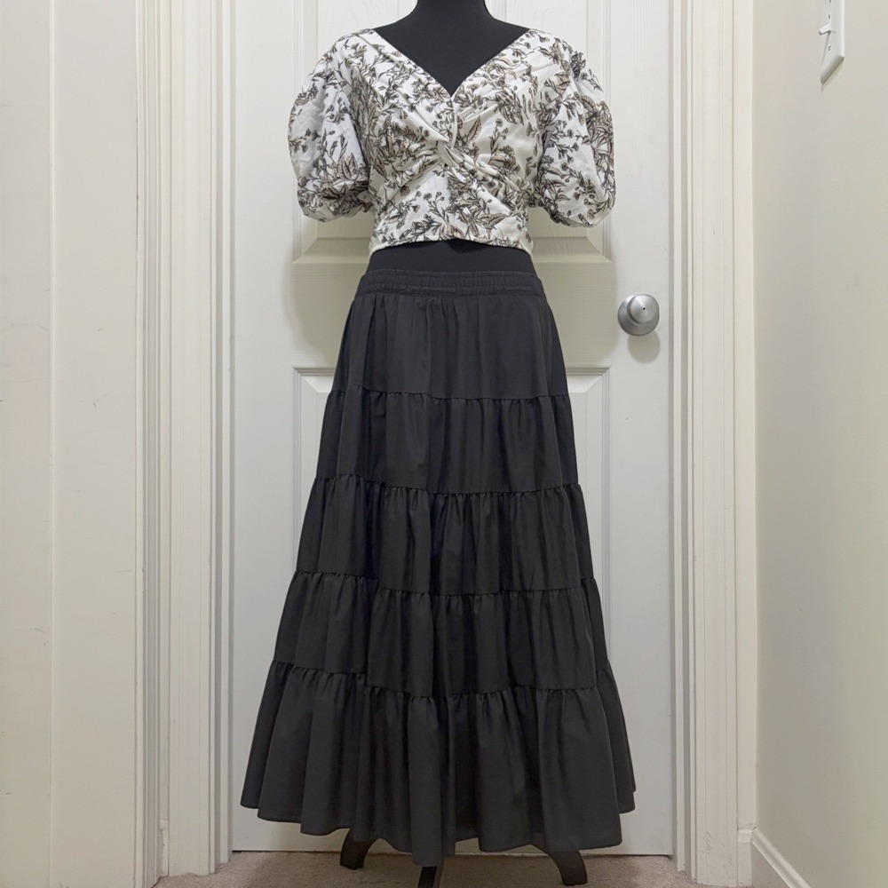 Vintage Malco Modes Black Tiered Midi Skirt Small USA Made Prairie Rockabilly - Picture 2 of 11